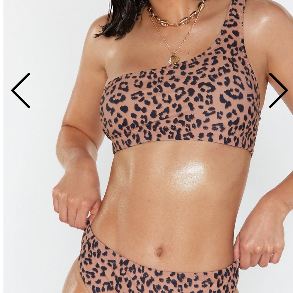 “This Kitty Swims” Leopard One Shoulder Bikini Set